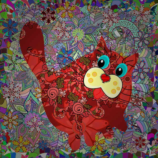 Vecteur Chat Couleurs Rouge Bleu Neutre Sans Couture Dessiner Main — Image vectorielle