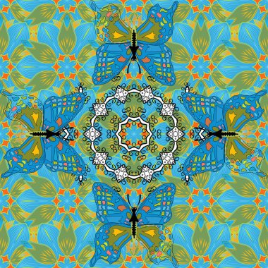 Doğadaki güzellik. Vektör. Kumaş, tekstil, baskı ve davetiye örnekleri. Kusursuz desen. Yeşil, mavi ve sarı arka planda uçan güzel kelebek.