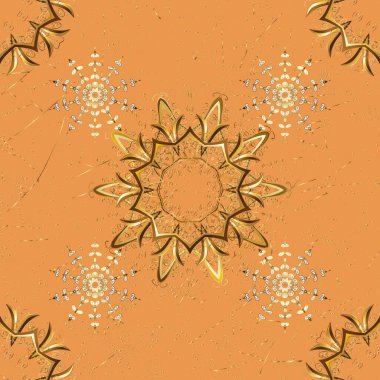 Şam, tasarım için kusursuz desen. Turuncu ve kahverengi renklerde altın elementli vektörsüz desen.