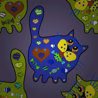 Herhangi bir tasarım projesi için. Renkli bir kalp. İzleme cihazı yeşil, mavi ve nötr renklerde. Kusursuz. Kedilerle şirin karalamalar. Vektör arkaplanı. Çizim, kıyafet, erkek, kız çocukları için soyut desen.