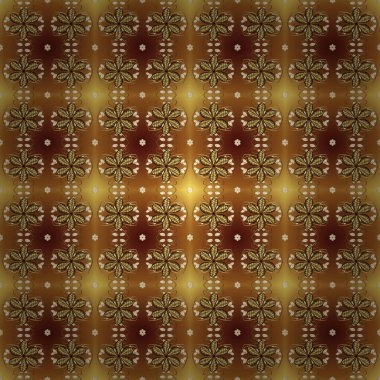 Süslü dekorasyon. Vektör çizimi. Damask altın soyut çiçek kahverengi ve sarı renklerde pürüzsüz desen.