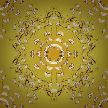 Doku geçmişinde altın çizim. Damask deseni arka planda tekrarlanıyor. Barok tarzında altın beyazı ve sarı çiçekli süs. Beyaz ve sarı renklerdeki altın element.