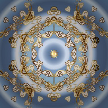 Altın kar tanesi basit bir desen. Tarafsız ve mavi renklerde altın elementli vektör altın deseni. Soyut çizim, paketleme. Kışın sembolü, Mutlu Noel tatili, Mutlu yıllar 2019.