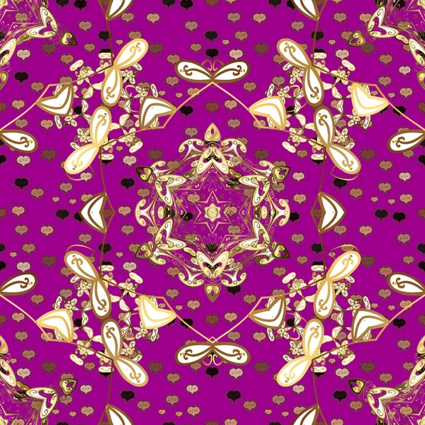 Golden Pattern Brown Purple Colors Golden Elements Seamless Oriental Ornament — Stock Vector