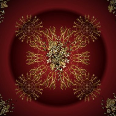 Kahverengi ve kırmızı renklerde altın desenli altın elementler. Vektör altın tekstil izi. İslam tasarımı. Doğuya özgü bir süs. Çiçek karoları.