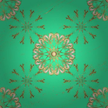 Doğulu stil, altın elementlerle bej ve yeşil renklerde altın desenli arabesk yapar. Kusursuz kıvırcık saçlar. Vektör altın desen.