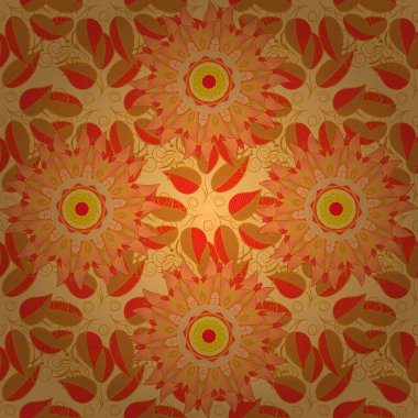 Kusursuz desenler. Çeşitli ve tropik palmiye yaprakları, orman yaprakları, botanik vektör çizimleri. Turuncu, bej ve sarı renklerde.