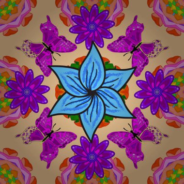 Fantezi çizimi. Erkekler, kızlar, kıyafetler, çizimler için soyut bir model. Turuncu, mor ve bej renkli resimler. Bir sürü kelebek desenli kusursuz desen. Vektör.