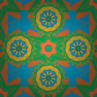 Vektör illüstrasyonunda kusursuz çiçek deseni. Vektör çizimi. Yeşil, turuncu ve mavi renklerde. Güzel kumaş deseni.