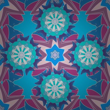 Çiçeksel fantezi tasarımı, parlak bir arka planda, kusursuz bir desen. Renkli Bahar Temalı Kusursuz Arkaplan. Düz Çiçek Elementleri Tasarımı.