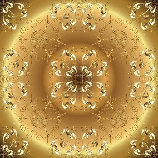 バロック様式のシームレスな東洋の装飾 ベージュとブラウンの黄金の要素 伝統的な古典的なベクトル黄金のシームレスなパターン — ストックベクタ