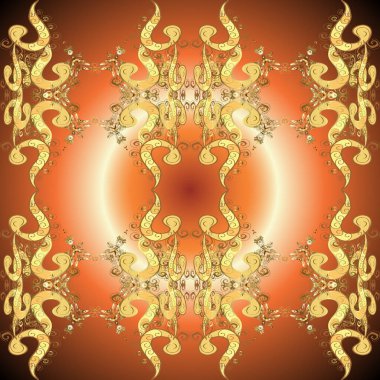 Tekrarlayan elementlerle kusursuz soyut arkaplan. Turuncu, kahverengi ve altın desenli. Zarif vektör klasik desen.