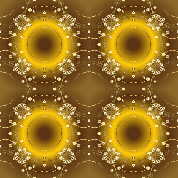 Noel, kar tanesi, yeni yıl 2019. Sarı ve kahverengi renklerde ve altın elementlerle kusursuz klasik desen.