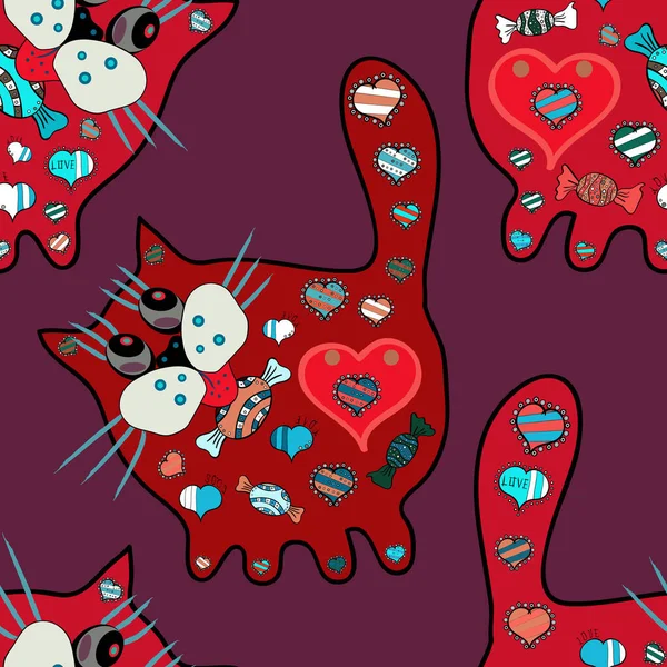 在紫色 黑色和红色的五彩斑斓上追踪 不同动作元素的无缝草图 可爱的猫 包装纸和草图设计的精美背景 — 图库矢量图片