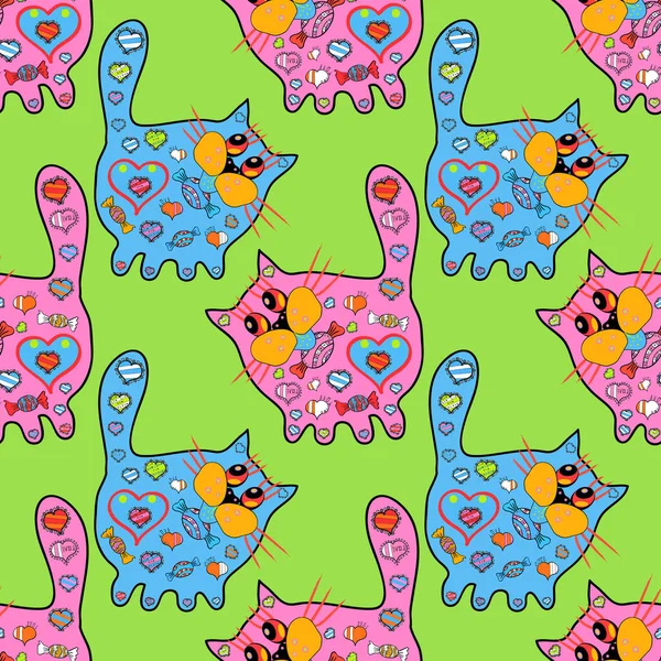 Zen Doodles 无缝隙的手工绘制的猫与少数民族花卉涂鸦模式 着色页 仙达拉 成年人精神放松设计 蓝色和绿色的载体 — 图库矢量图片