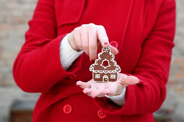 Una mujer sosteniendo una galleta de Navidad — Foto de Stock