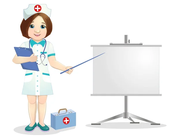Verpleegkundige op presentatie. Verpleegkundige met Klembord medische presentatie geeft. — Stockfoto