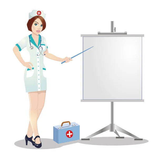 Verpleegkundige op presentatie. Verpleegkundige met Klembord medische presentatie geeft. — Stockvector