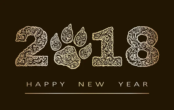 Nuovo anno carta con il numero 2018 anno fantasia con zen oro forme aggrovigliate, e il testo Felice anno nuovo. punti 10 — Vettoriale Stock