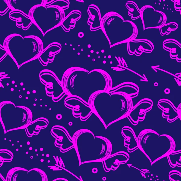 Vektor nahtloses Muster mit handgezeichneten Herzen mit Flügeln und fliegenden Pfeilen. Hintergrund zum Valentinstag — Stockvektor