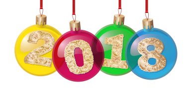 Noel ağacı süslemeleri beyaz arka plan vektör illüstrasyon izole. 2018 altın metin desenli. Kış tatili ve kutlamalar genel kavram. Topları, dekor.