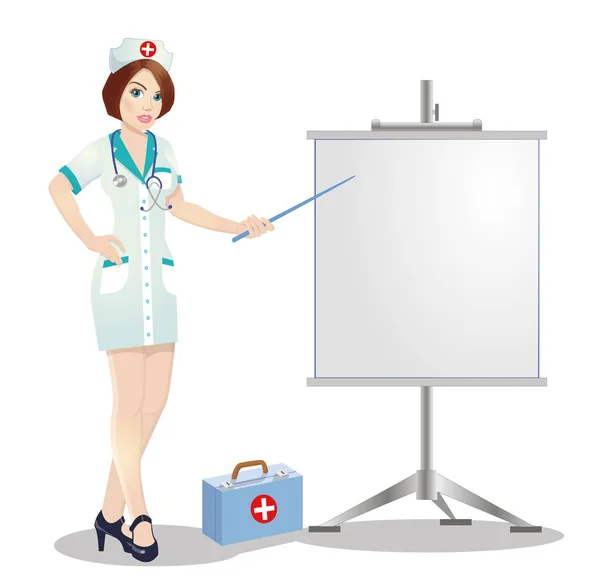 Nurse on presentation. Nurse with clipboard giving medical presentation.