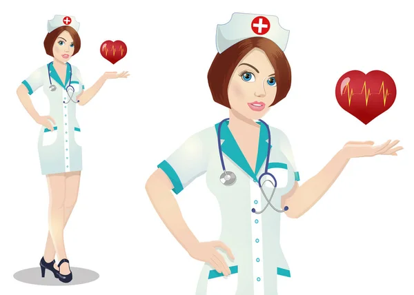 Een verpleegkundige houdt een medische logo, een symbol.in een witte achtergrond. — Stockfoto