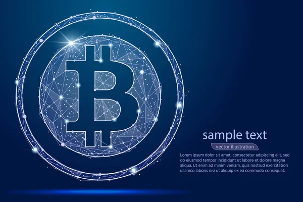 Bitcoin dijital para coin.isolated düşük Poli tel kafes yıldızlar arka plan soyut. Vektör soyut poligonal görüntü