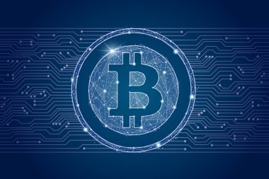 Bitcoin dijital para coin.cyber ağ background.isolated düşük Poli tel çerçeve üzerinden. Vektör soyut poligonal görüntü