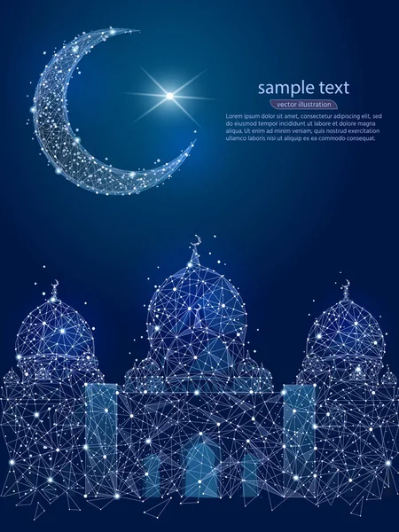 Mesquita e lua quadro poli em um fundo azul, design abstrato de linhas e pontos, na forma de um céu noturno e estrelas. Ilustração vetorial . —  Vetores de Stock