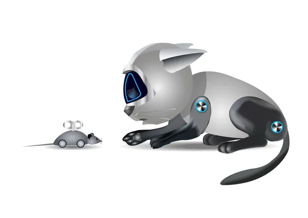 Robot macska és egér, vicces játék, fehér háttér, illusztráció — Stock Fotó