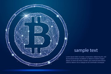 Bitcoin dijital para coin.isolated düşük Poli tel kafes yıldızlar arka plan soyut. soyut poligonal görüntü