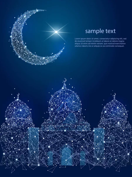 Ramadan. Moskén och månen poly ram på en blå bakgrund, abstrakt design av linjer och punkter, i form av en natthimmel och stjärnor. illustration. — Stockfoto