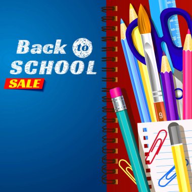 okula dönüş, tasarım afiş. Şablon malzemeleri araçlarıyla. Metin için yer. Metin için yer. Katmanlı gerçekçi 3d,