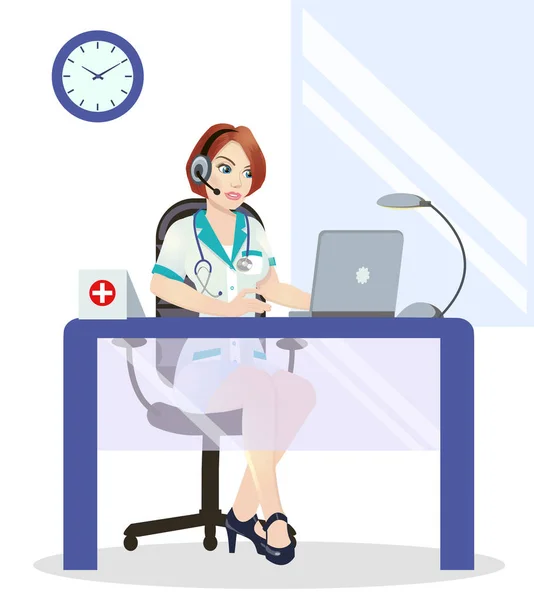Medical call center operator at work. isolated on white background. Emergency concept with medical helpline operator wearing headset sitting at table and consulting people, — Stock Photo, Image