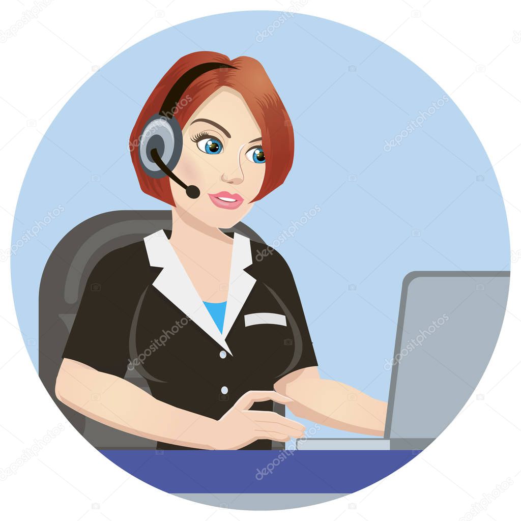 operator call center at work.icon isolated on white background. Emergency concept with medical helpline operator wearing headset sitting at table and consulting people,