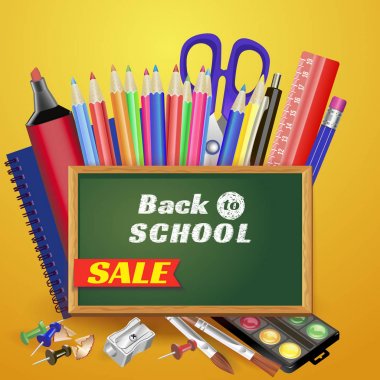 Okul öğeleri ve nesneleri için mağaza indirim yükselme ile kırmızı arka plan geri Tasarım Okulu için.