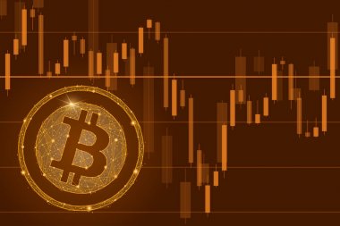 Bitcoin cryptocurrency ICO sikke satış olay - blockchain iş afiş kavramı. Bitcoin çizimi düşüyor. Grafik azaltmak