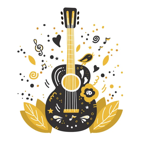 Illustration mit Akustikgitarre und Handschrift. Vorlagen für Gitarrenkonzerte. Flache, von Hand gezeichnete Vektorillustration. — Stockvektor