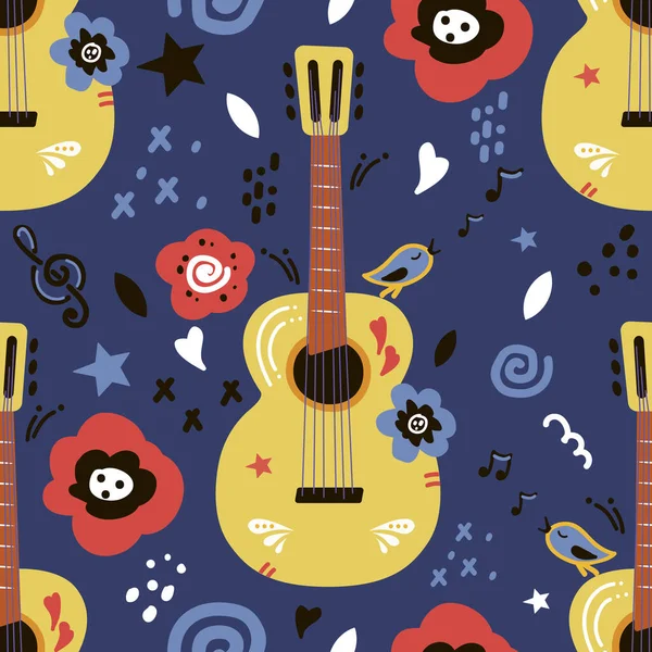 Motif sans couture. guitare acoustique. sur fond bleu . — Image vectorielle