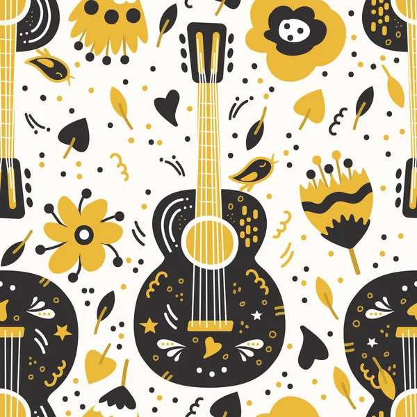 Motif sans couture. guitare acoustique avec de jolies fleurs. sur fond blanc . — Image vectorielle