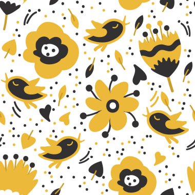 Beyaz arka planda kuşların olduğu kusursuz çiçek deseni.