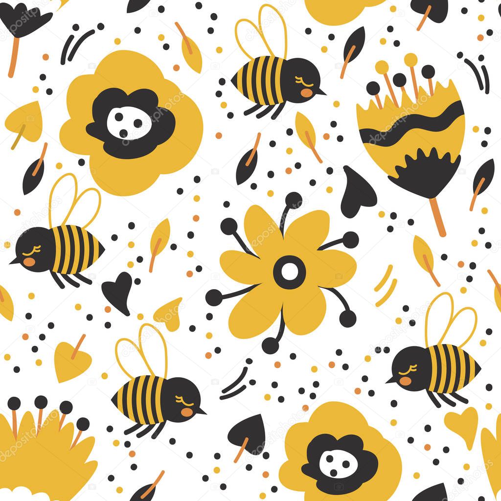 seamless pattern with cute bees and flowers on white background