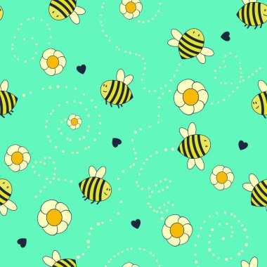 Şirin arılar ve çiçeklerle kusursuz desen