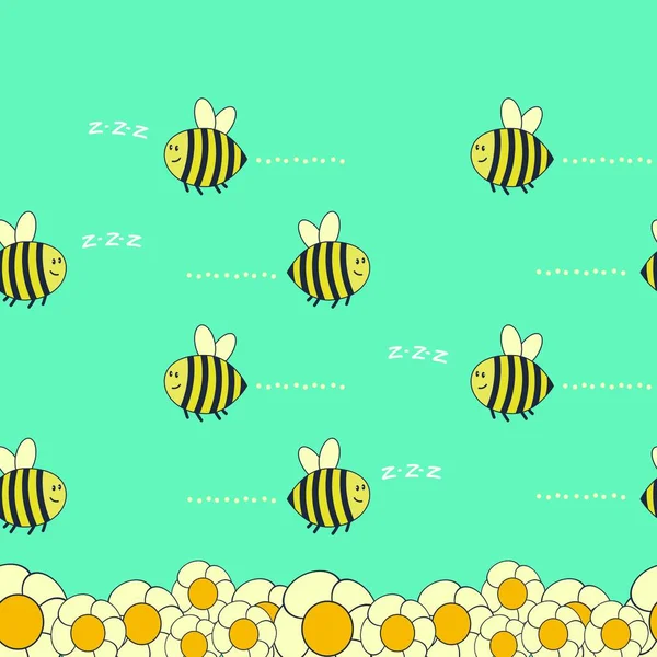 Poziomy bezszwowy wzór z cute pszczół i kwiatów — Wektor stockowy