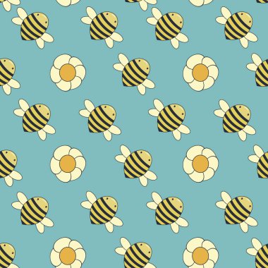 Arılar ve çiçekler, kusursuz çizgi film desenleri, mavi arka planda.