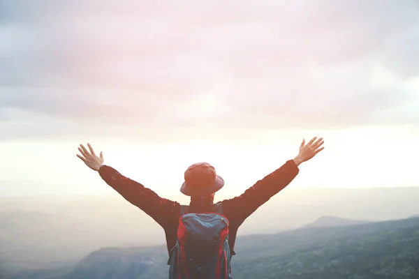 Close Backpack Man Hiking Traveling Forest Travel Lifestyle Wanderlust Adventure — Stock Photo, Image