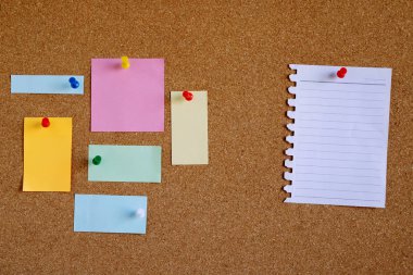 Pembe pastel çeşitlilik postası koleksiyonu. Kağıt hatırlatma notaları not defterine basılı not defterleri tıpa rengi mavi sarı ilan tahtasına. Metin için boş boşluk.