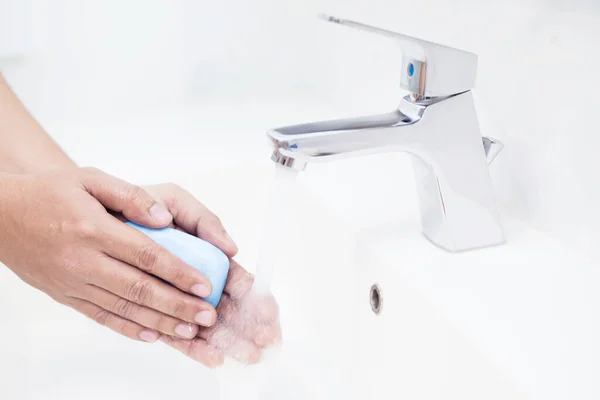 Men Washing Hands Every Time Eating Prevent Germs Viruses Covid — Stock Photo, Image