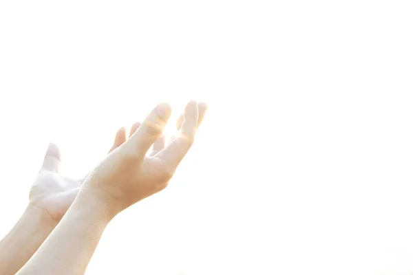 Mãos Humanas Abrem Palma Para Cima Adoração Orando Mãos Com — Fotografia de Stock